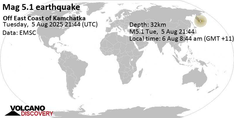 5.0 quake North Pacific Ocean, 141 km southeast of Petropavlovsk-Kamchatskiy, Kamchatka, Russia, Aug 6, 2025 09:44 am (GMT +12)