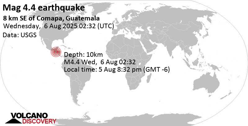 4.4 quake 8 km SE of Comapa, Guatemala, Aug 5, 2025 08:32 pm (Guatemala time)