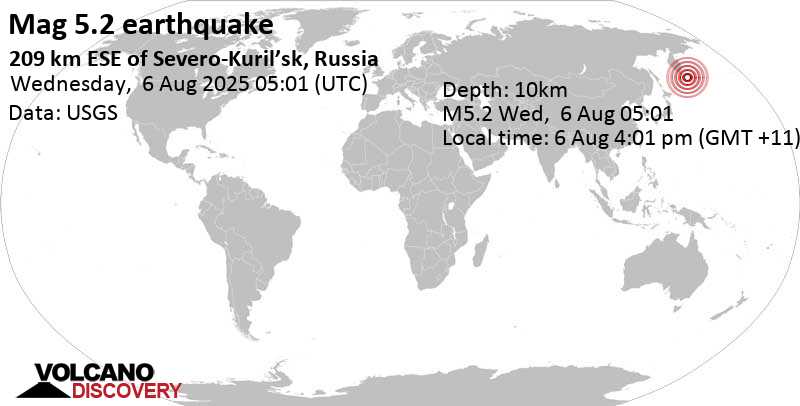 5.2 quake North Pacific Ocean, 189 km southeast of Ostrov Shumshu Island, Kamchatka, Russia, Aug 6, 2025 04:01 pm (GMT +11)