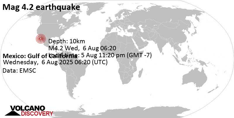 4.2 quake 63 km southwest of Guaymas, Estado de Sonora, Mexico, Aug 5, 2025 11:20 pm (GMT -7)