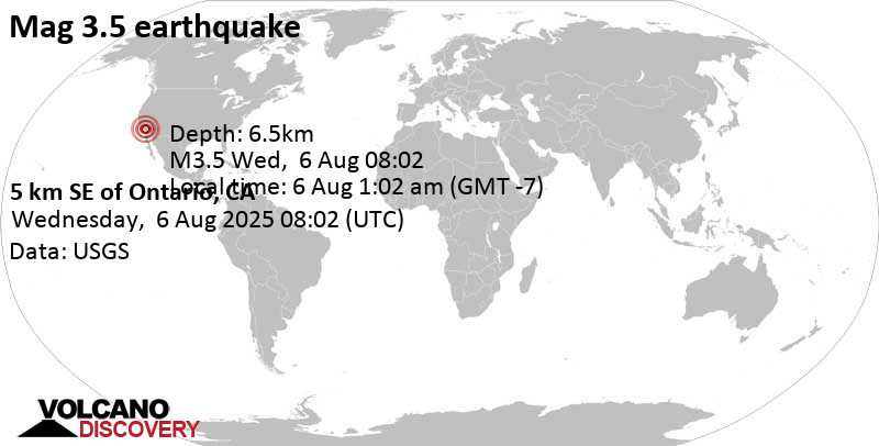 3.5 quake 4.6 mi southeast of Ontario, San Bernardino County, California, United States, Aug 6, 2025 01:02 am (Los Angeles time)