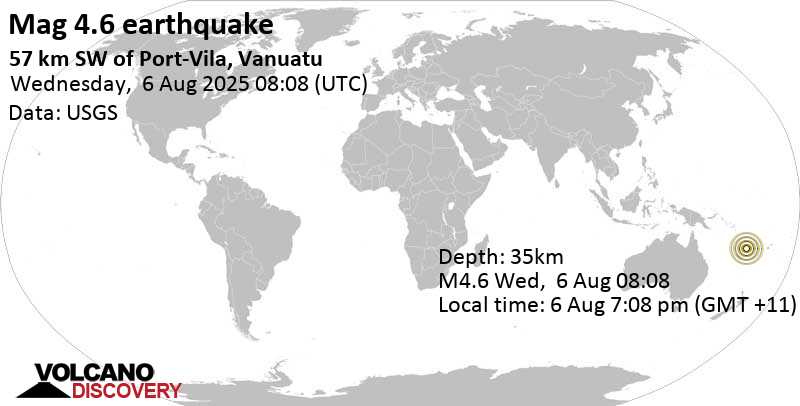 4.6 quake Coral Sea, 58 km southwest of Port Vila, Shefa Province, Vanuatu, Aug 6, 2025 07:08 pm (GMT +11)