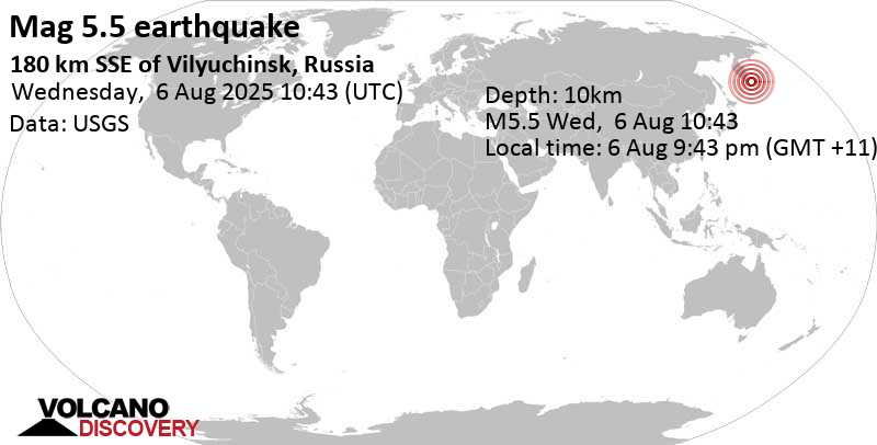 5.5 quake North Pacific Ocean, 186 km southeast of Petropavlovsk-Kamchatskiy, Kamchatka, Russia, Aug 6, 2025 09:43 pm (GMT +11)