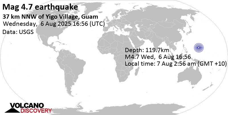 4.7 quake Philippine Sea, Dededo, Guam, Aug 7, 2025 02:56 am (GMT +10)