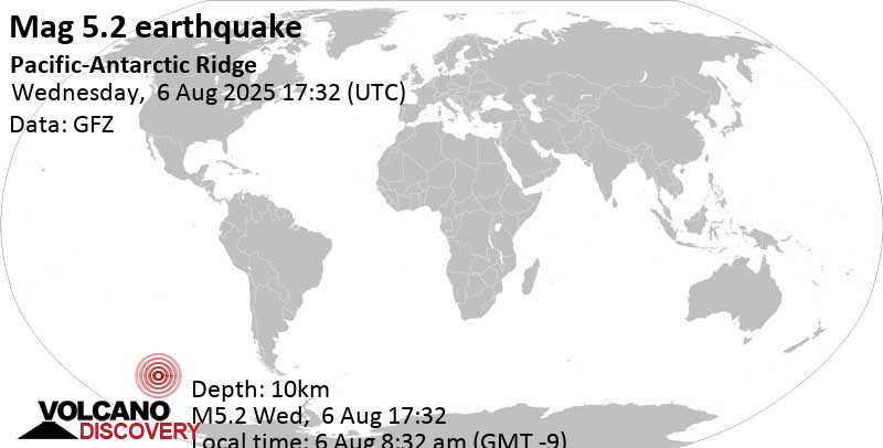 5.2 quake Pacific-Antarctic Ridge Aug 6, 2025 08:32 am (GMT -9)