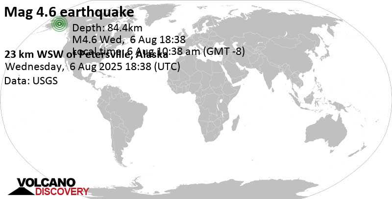 4.6 quake Matanuska-Susitna Borough, 95 mi northwest of Eagle River, Anchorage Municipality, Alaska, United States, Aug 6, 2025 10:38 am (Anchorage time)