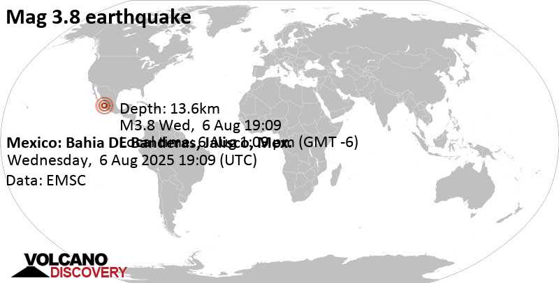 3.8 quake 5 km southwest of Puerto Vallarta, Estado de Jalisco, Mexico, Aug 6, 2025 01:09 pm (Mexico City time)