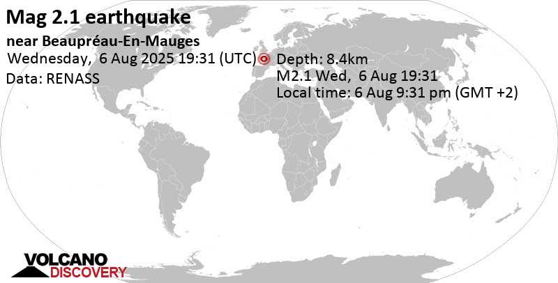 2.1 quake 45 km northeast of Nantes, Loire-Atlantique, Pays de la Loire, France, Aug 6, 2025 09:31 pm (GMT +2)