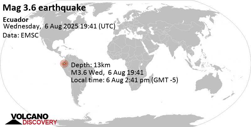 3.6 quake 16 km east of Quito, Provincia de Pichincha, Ecuador, Aug 6, 2025 02:41 pm (Guayaquil time)