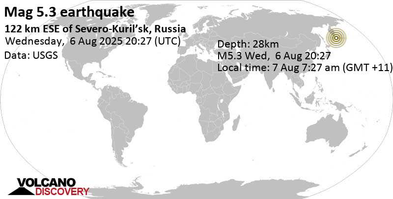 5.3 quake North Pacific Ocean, 108 km southeast of Ostrov Shumshu Island, Kamchatka, Russia, Aug 7, 2025 07:27 am (GMT +11)