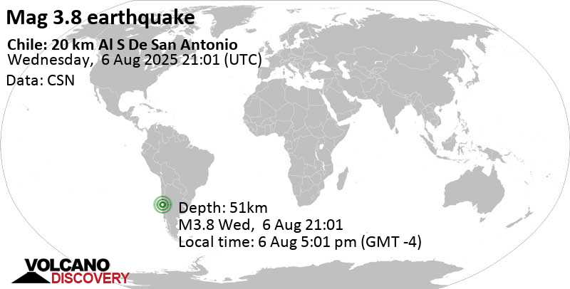 3.8 quake San Antonio, Region de Valparaiso, 37 km west of Melipilla, Melipilla, Santiago Metropolitan, Chile, Aug 6, 2025 05:01 pm (Santiago time)