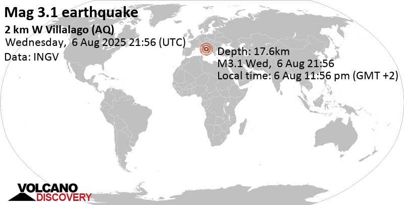 3.1 quake Provincia dell'Aquila, 55 km southwest of Chieti, Italy, Aug 6, 2025 11:56 pm (Rome time)