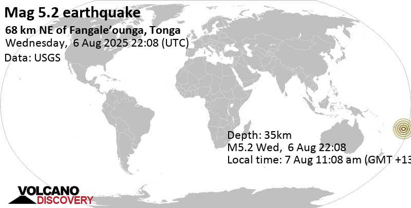 5.2 quake South Pacific Ocean, 79 km south of Neiafu, Vava'u, Tonga, Aug 7, 2025 11:08 am (GMT +13)