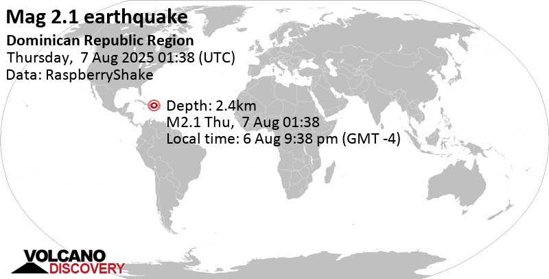 2.1 quake 19 km north of Santiago de los Caballeros, Dominican Republic, Aug 6, 2025 09:38 pm (GMT -4)
