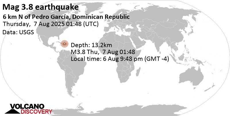 3.8 quake 16 km south of Puerto Plata, Puerto Plata, Dominican Republic, Aug 6, 2025 09:48 pm (Santo Domingo time)