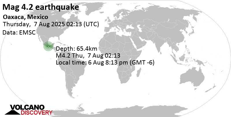 4.2 quake 37 km east of Oaxaca, Estado de Oaxaca, Mexico, Aug 6, 2025 08:13 pm (Mexico City time)