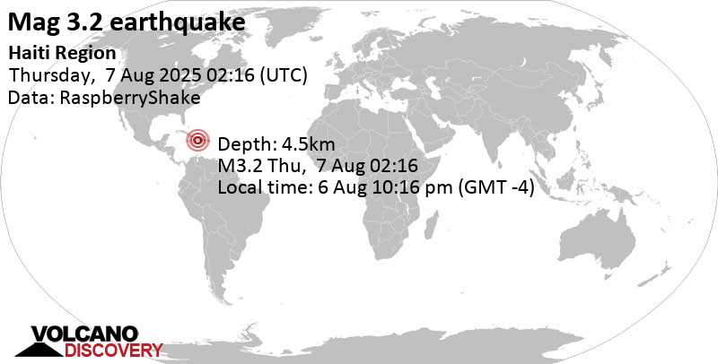 3.2 quake 19 km east of Port-au-Prince, Departement de l'Ouest, Haiti, Aug 6, 2025 10:16 pm (Port-au-Prince time)