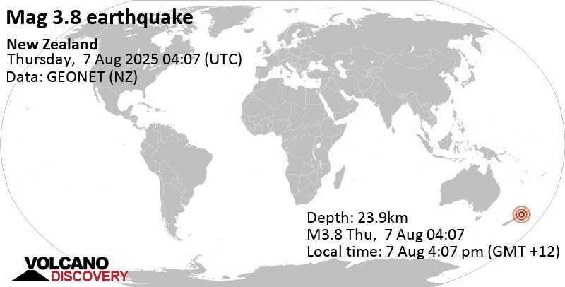 3.8 quake 13 km southeast of Whanganui, Manawatu-Wanganui, New Zealand, Aug 7, 2025 04:07 pm (Auckland time)