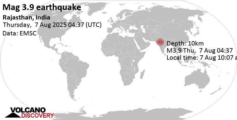 3.9 quake 12 km northeast of Pratapgarh, Pratapgarh, Rajasthan, India, Aug 7, 2025 10:07 am (Kolkata time)