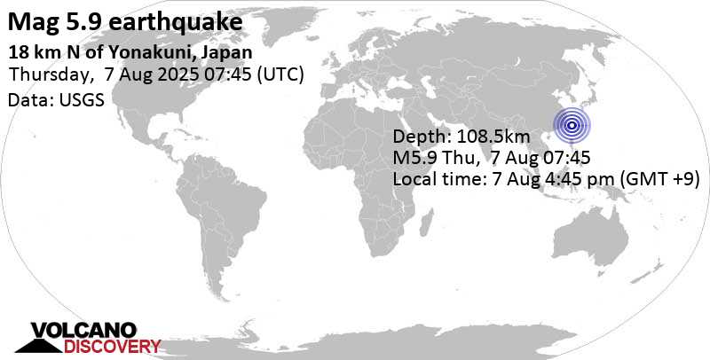5.9 quake East China Sea, 20 km north of Kumi Island, Okinawa, Japan, Aug 7, 2025 04:45 pm (GMT +9)