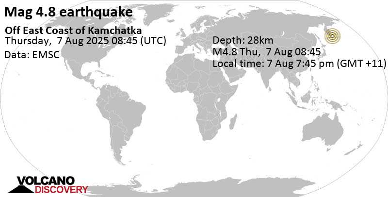 4.8 quake North Pacific Ocean, 166 km south of Petropavlovsk-Kamchatskiy, Kamchatka, Russia, Aug 7, 2025 07:45 pm (GMT +11)