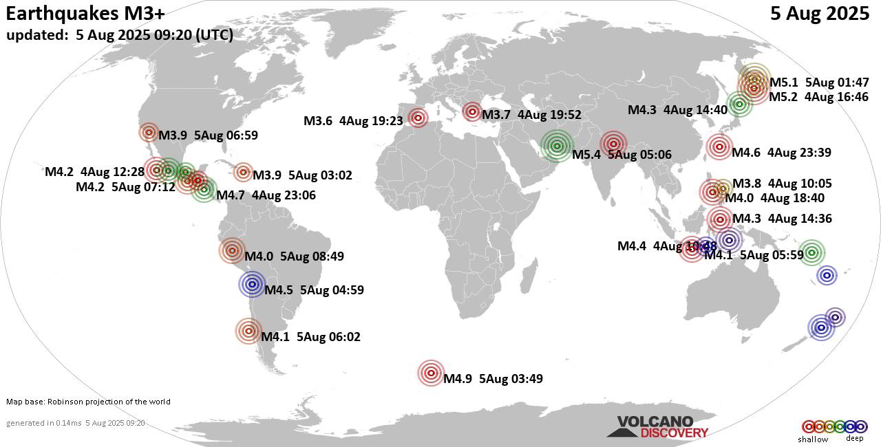 Worldwide earthquakes above magnitude 3 during the past 24 hours on  5 Aug 2025