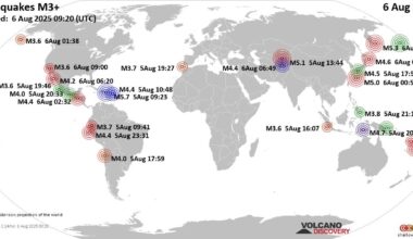 Worldwide earthquakes above magnitude 3 during the past 24 hours on  6 Aug 2025