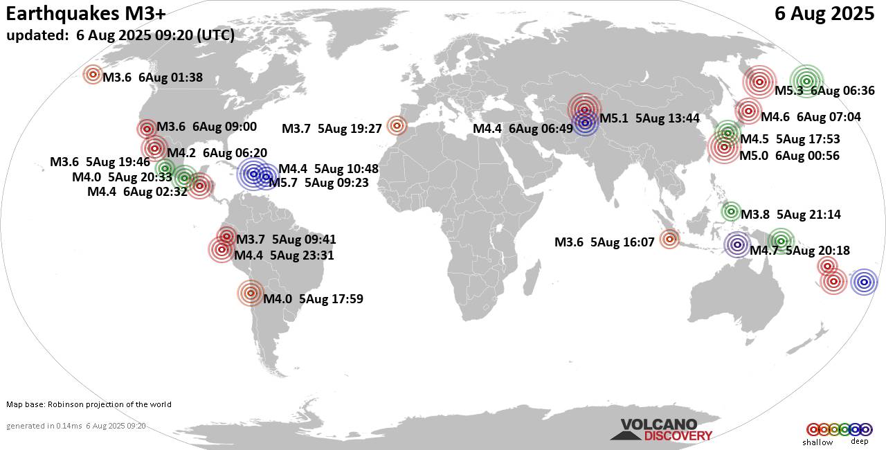 Worldwide earthquakes above magnitude 3 during the past 24 hours on  6 Aug 2025