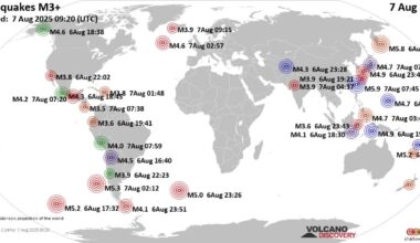 Worldwide earthquakes above magnitude 3 during the past 24 hours on  7 Aug 2025