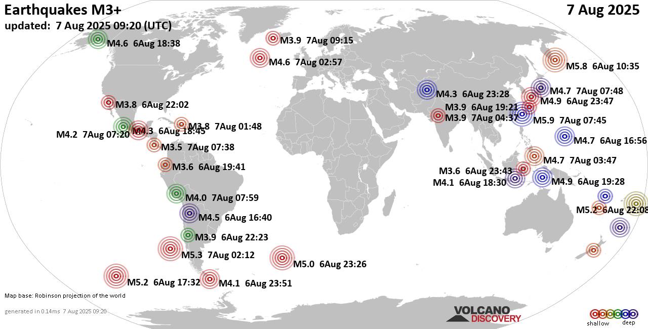Worldwide earthquakes above magnitude 3 during the past 24 hours on  7 Aug 2025