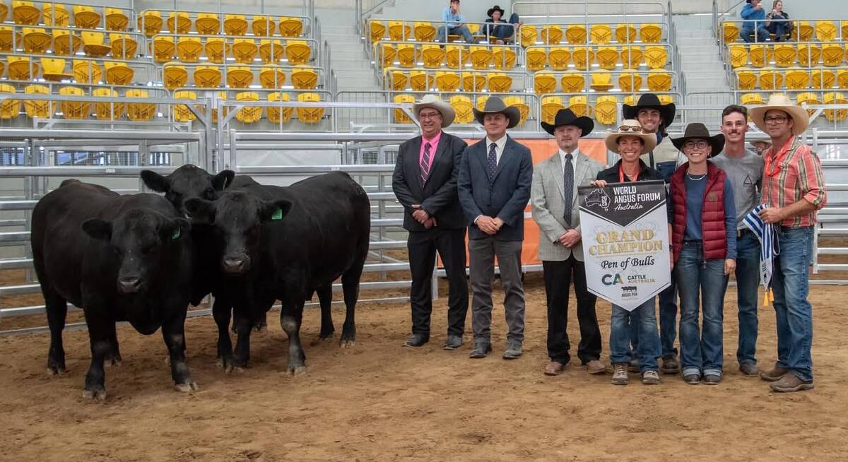 Roger Evans, Tamworth; PJ Budler, Fort Worth, Texas, USA; Professor Dan Shike, University of Illinois, USA; Lorenzo Sangalle, Ben Nevis; and Erica, Maggie, Jack and Stu Halliday, pictured with the champion pen of three bulls at the AngusEXPO at Tamworth in May.