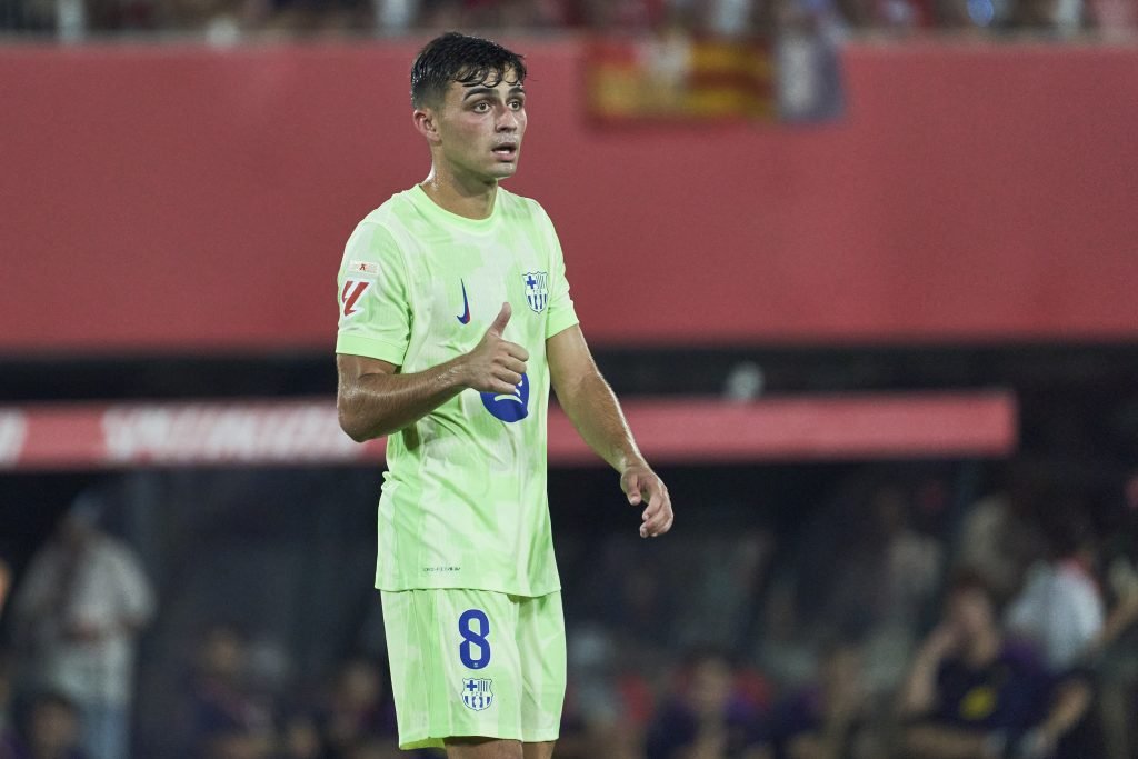 MALLORCA, SPAIN - AUGUST 16: Pedri of FC Barcelona gestures during the LaLiga EA Sports match between RCD Mallorca and FC Barcelona at Estadio de Son Moix on August 16, 2025 in Mallorca, Spain. (Photo by Rafa Babot/Getty Images)