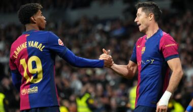 MADRID, SPAIN - OCTOBER 26: Robert Lewandowski of FC Barcelona celebrates scoring his team's second goal with teammate Lamine Yamal during the LaLiga match between Real Madrid CF and FC Barcelona at Estadio Santiago Bernabeu on October 26, 2024 in Madrid, Spain. (Photo by Angel Martinez/Getty Images)
