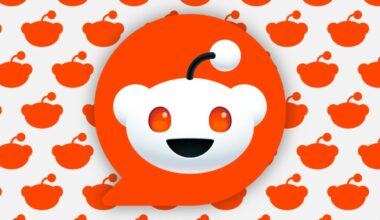 large Reddit logo overlaying background of smaller logo silhouettes