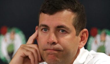 Boston Celtics General Manager Brad Stevens listens to a reporter’s question about the injury to Jason Tatum and his progress. The Boston Celtics held a media availability and a practice session at the Auerbach Center featuring new draft players and rookies practicing before going to Las Vegas to play in the Summer League.