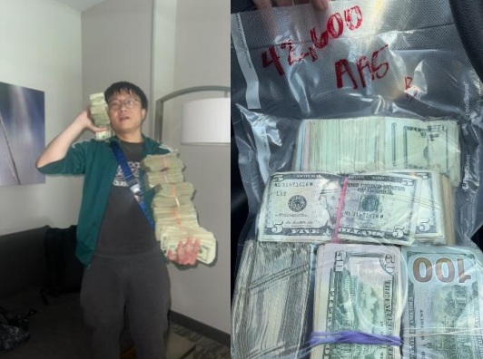 Prosecutors said these images seized from Zhiyi Zhang's phone when he was arrested showed him posing with cash stolen from victims of a massive fraud ring targeting seniors. (Courtesy of U.S. Attorney's Office for the Southern District of California via U.S. District Court filing)