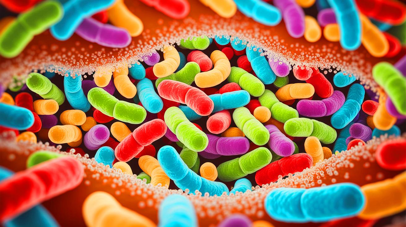 Illustration of the genetic transformation of gut bacteria due to refined sugar consumption.