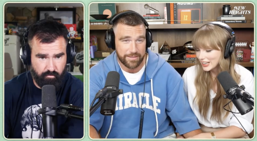 Jason Kelce, Travis Kelce and Taylor Swift in the new episode of 'New Heights.'