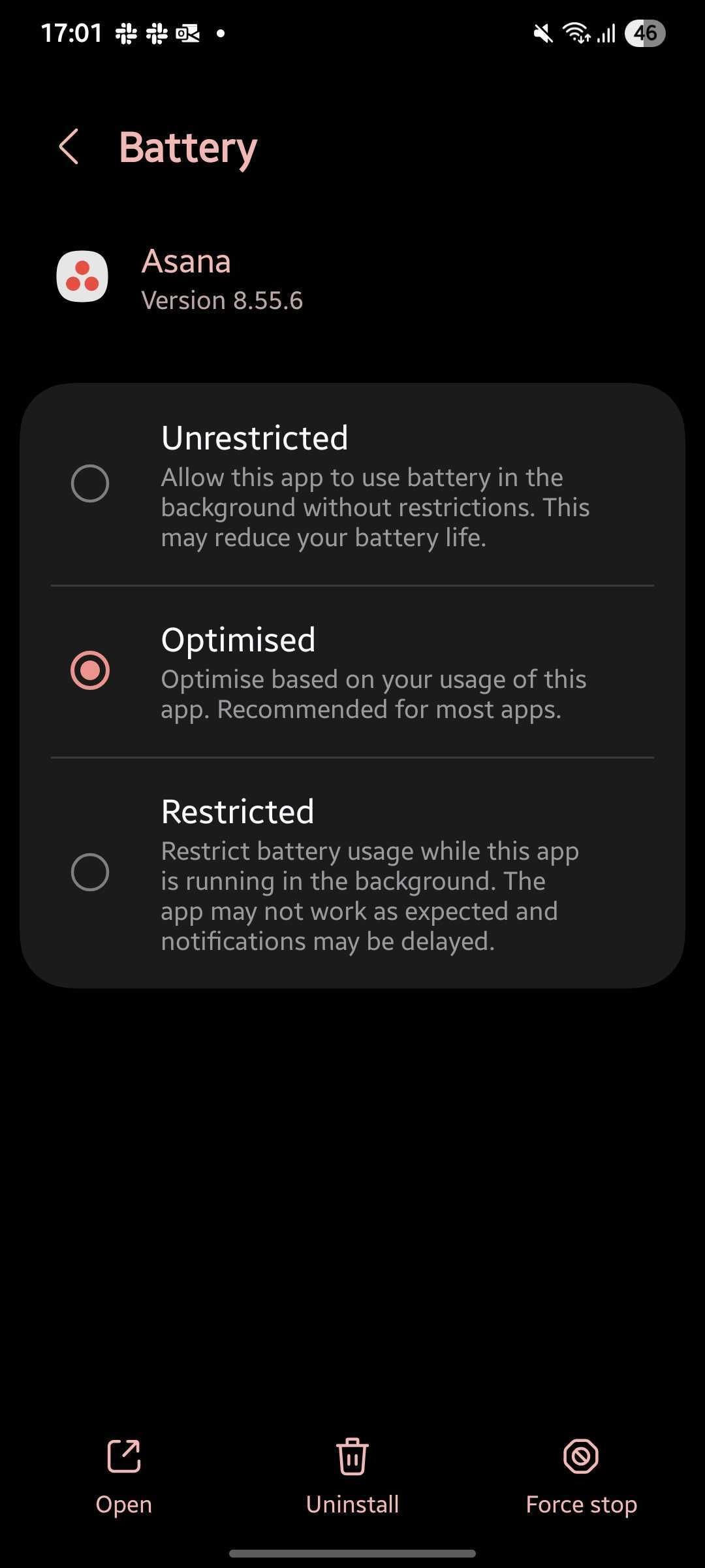 Screenshot showing app activity options in One UI settings