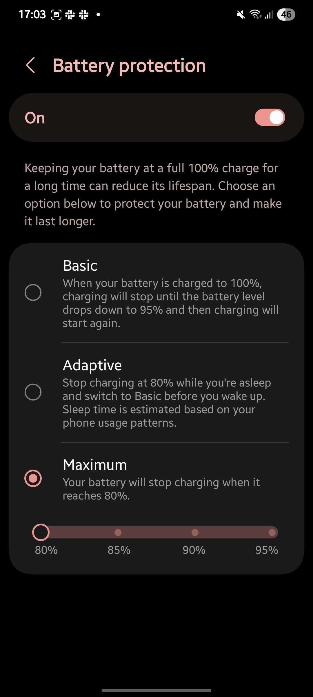 Screenshot showing battery protection feature in One UI