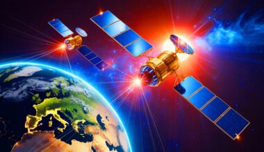 Illustration of satellites in geostationary orbit collecting solar energy to transmit to Earth.
