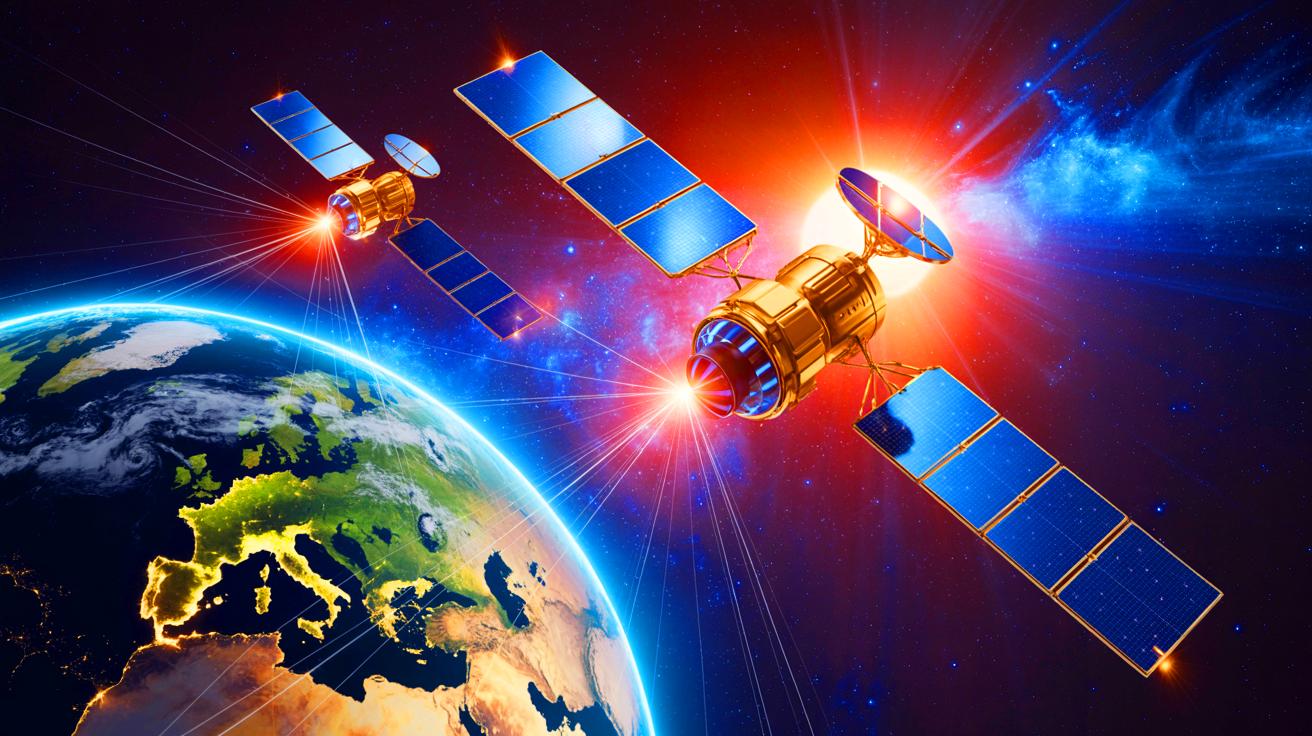 Illustration of satellites in geostationary orbit collecting solar energy to transmit to Earth.