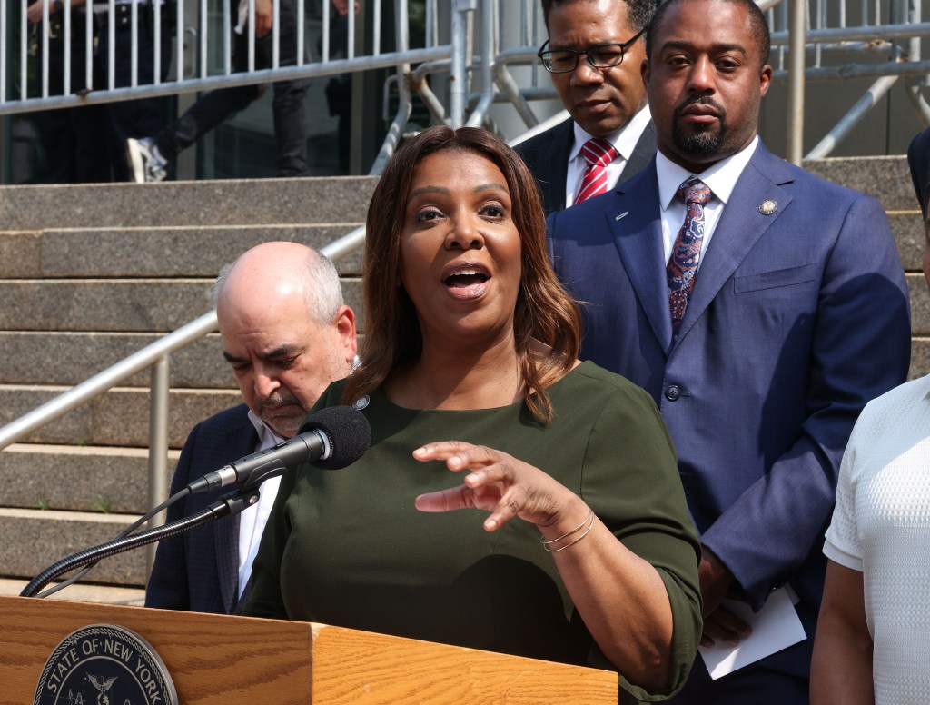 Letitia James speaking at a press conference.