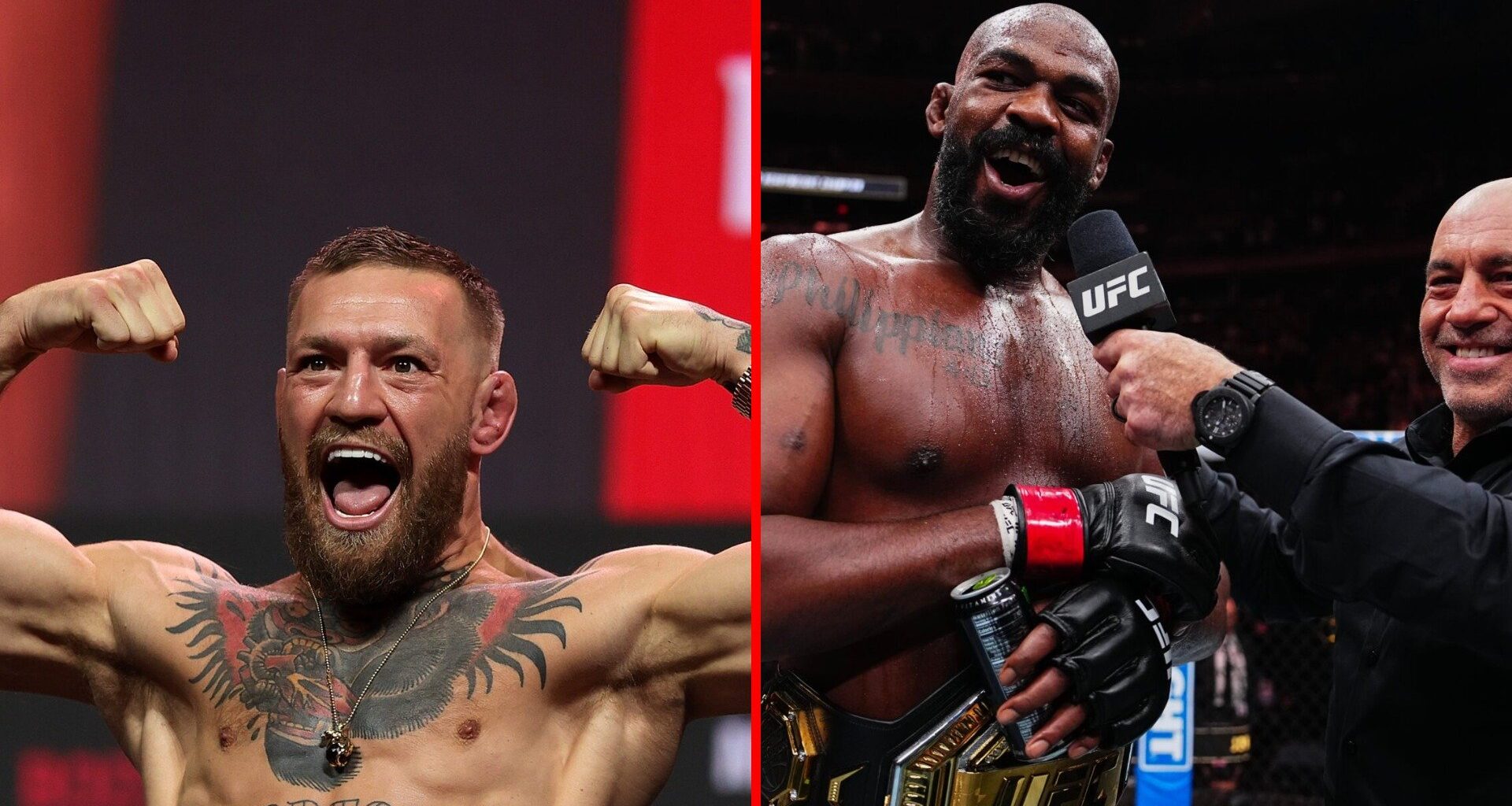 Split image of Conor McGregor at UFC 264 weigh-ins, Jon Jones speaking to Joe Rogan at UFC 309