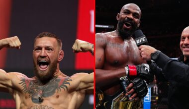 Split image of Conor McGregor at UFC 264 weigh-ins, Jon Jones speaking to Joe Rogan at UFC 309