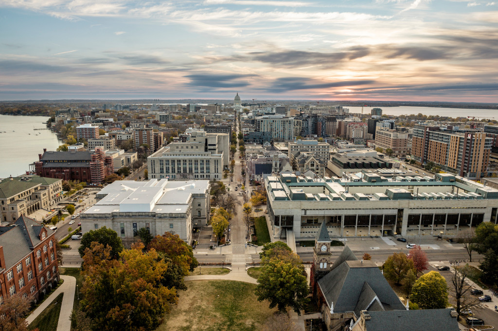 Aerial photo looking down Bascom Hill toward the Wisconsin State Capitol