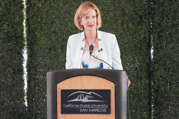 In July, Cal State San Marcos President Ellen Neufeldt spoke at the ground breaking of a $110 million science and engineering complex that will rise on campus. (Michael Ho / The San Diego Union-Tribune)