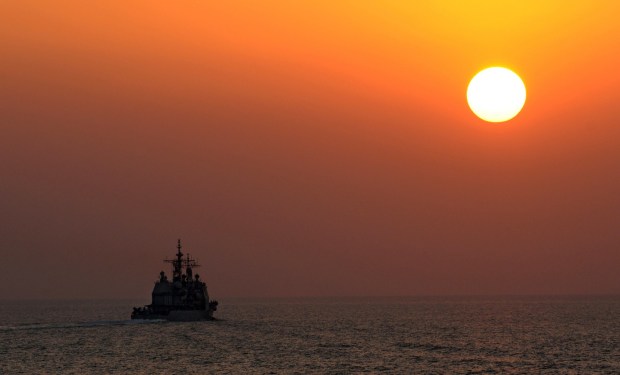 The guided-missile cruiser USS Cape St. George (CG 71) is underway in the Arabian Gulf. Cape St. George is part of the Abraham Lincoln Carrier Strike Group, which is deployed to the U.S. 5th Fleet area of responsibility supporting maritime security operations and theater security cooperation efforts. (US Navy)