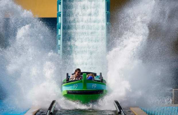 SeaWorld San Diego celebrates it's 60th anniversary. Park visitors on Journey to Atlantis water ride in Mission Bay on Monday, April 1, 2024 in San Diego, California. (Alejandro Tamayo / The San Diego Union-Tribune)