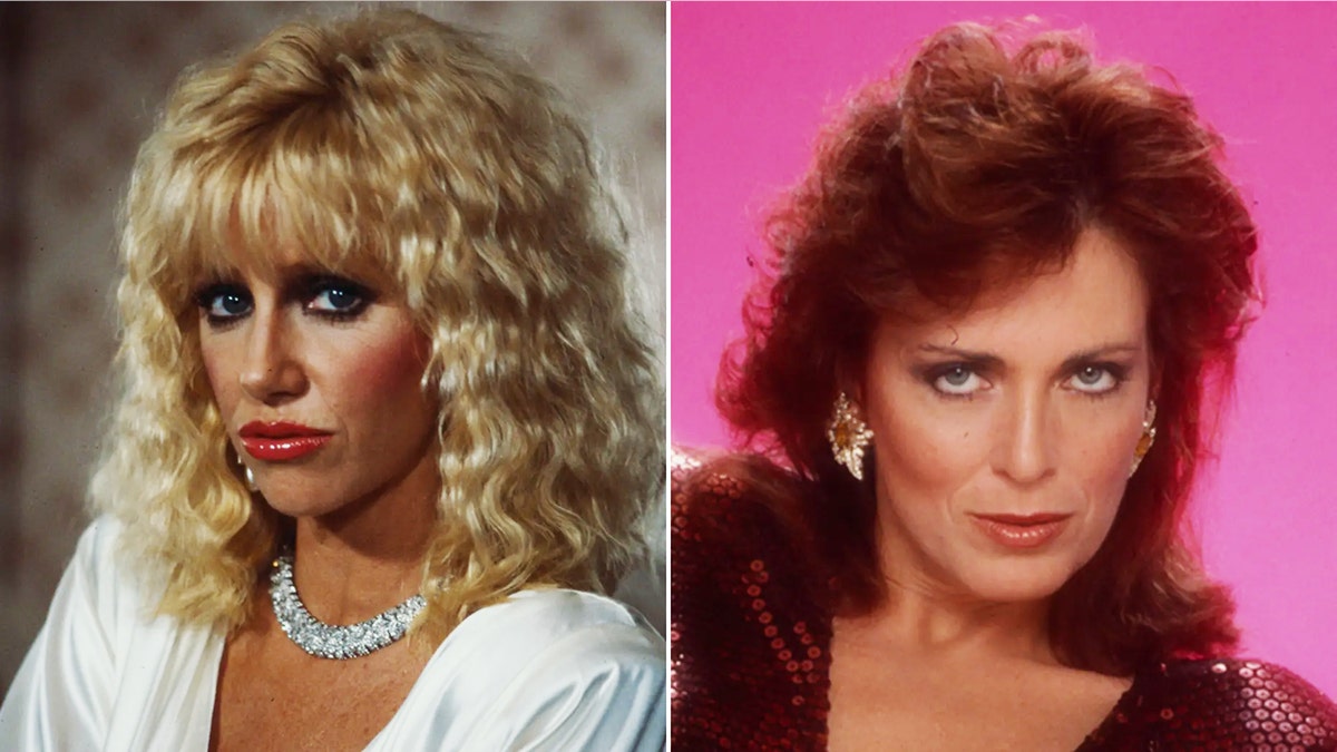 A split side-by-side image of Suzanne Somers and Joanna Cassidy in "Hollywood Wives."